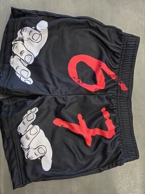 Black Graphic Shorts with Red & White Print